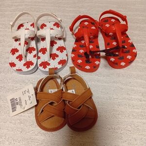 Little Me Red and White Maple-Print Flip-Flops with Tan Crisscross Sandals.